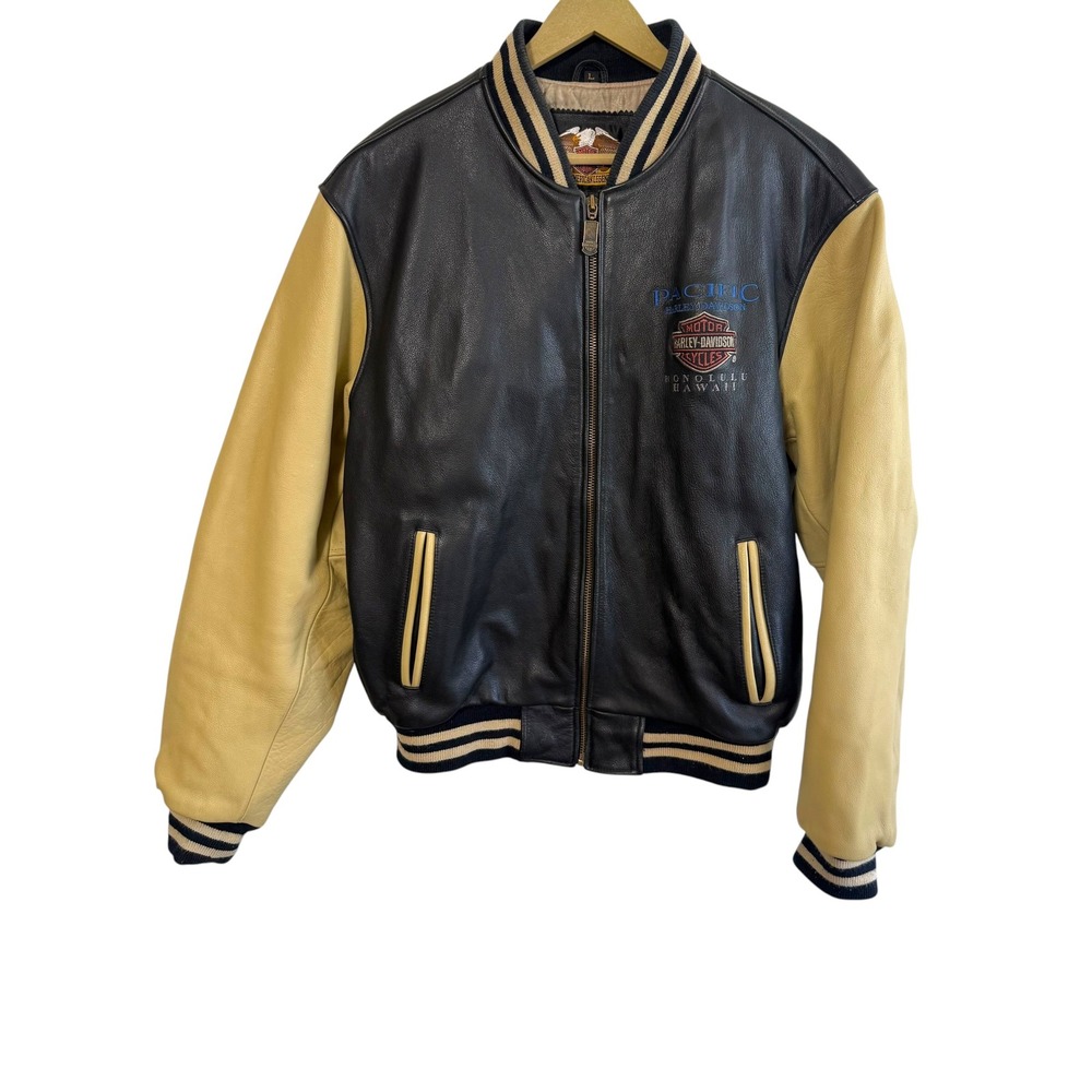 Vintage Harley Davidson Size Large Black Beige Leather Bomber Jacket Embroidered